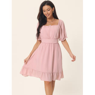 Unique Bargains Women's Summer Dresses Square Neck Puff Short Sleeve Smocked Back Ruffle A-Line Casual Mini Dress Pink XL Unique Bargains Women's Summer Dresses Square Neck Puff Short Sleeve Smocked Back Ruffle A-Line Casual Mini Dress Pink XL