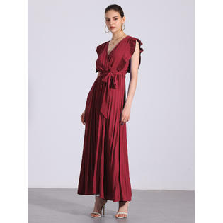 Unique Bargains Midi Dresses for Women's Wrap V Neck Sleeeveless Pleated Dress Red M Unique Bargains Midi Dresses for Women's Wrap V Neck Sleeeveless Pleated Dress Red M