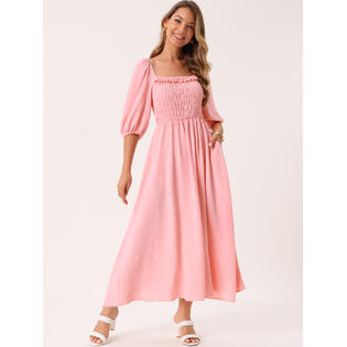 Unique Bargains Women's Summer Dresses Casual Puff Half Sleeve Square Neck Smocked Flowy Midi Dress with Unique Bargains Women's Summer Dresses Casual Puff Half Sleeve Square Neck Smocked Flowy Midi Dress with