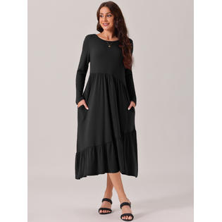 Unique Bargains Women's Fall Long Sleeve Dress Crewneck Casual Loose Pleated Tiered Swing Midi Dresses with Pockets Black S Unique Bargains Women's Fall Long Sleeve Dress Crewneck Casual Loose Pleated Tiered Swing Midi Dresses with Pockets Black S