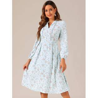 Unique Bargains Women's Floral Print Long Sleeve Spring Flowy Midi Dress Blue XS Unique Bargains Women's Floral Print Long Sleeve Spring Flowy Midi Dress Blue XS