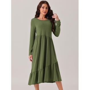 Inspire CHIC Seta T Women's Fall Long Sleeve Dress Crewneck Casual Loose Pleated Tiered Swing Midi Dresses with Pockets S Army Green, Size: Small Inspire CHIC Seta T Women's Fall Long Sleeve Dress Crewneck Casual Loose Pleated Tiered Swing Midi Dresses with Pockets S Army Green, Size: Small