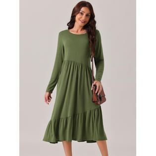 Inspire Chic Seta T Women's Fall Long Sleeve Dress Crewneck Casual Loose Pleated Tiered Swing Midi Dresses with Pockets S Army Green, Size: Small Inspire Chic Seta T Women's Fall Long Sleeve Dress Crewneck Casual Loose Pleated Tiered Swing Midi Dresses with Pockets S Army Green, Size: Small