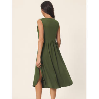 Unique Bargains Women's Summer Sleeveless V Neck Dress Casual Midi Beach Dress with Pockets Army Green S Unique Bargains Women's Summer Sleeveless V Neck Dress Casual Midi Beach Dress with Pockets Army Green S