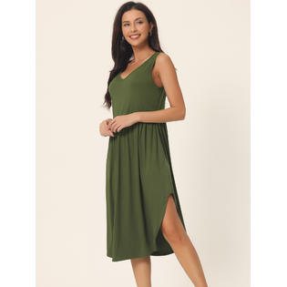 Unique Bargains Women's Summer Sleeveless V Neck Dress Casual Midi Beach Dress with Pockets Army Green Unique Bargains Women's Summer Sleeveless V Neck Dress Casual Midi Beach Dress with Pockets Army Green