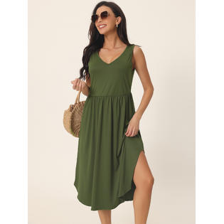 Unique Bargains Women's Summer Sleeveless V Neck Dress Casual Midi Beach Dress with Pockets Army Green M Unique Bargains Women's Summer Sleeveless V Neck Dress Casual Midi Beach Dress with Pockets Army Green M