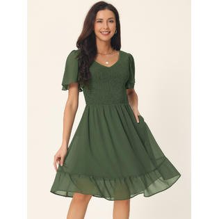 Unique Bargains Women's Flowy Chiffon Dresses Summer Smocked V Neck Flutter Short Sleeve Ruffle Casual Mini Unique Bargains Women's Flowy Chiffon Dresses Summer Smocked V Neck Flutter Short Sleeve Ruffle Casual Mini