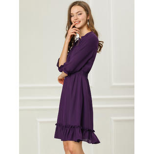 Unique Bargains Women's Ruffle Hem 3/4 Sleeve A-Line Short Chiffon Dress Purple M Unique Bargains Women's Ruffle Hem 3/4 Sleeve A-Line Short Chiffon Dress Purple M