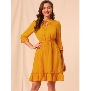 Unique Bargains Women's Ruffle Hem 3/4 Sleeve A-Line Short Chiffon Dress Yellow S Unique Bargains Women's Ruffle Hem 3/4 Sleeve A-Line Short Chiffon Dress Yellow S