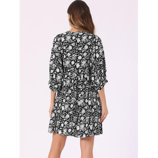 Unique Bargains Women's Floral Summer 3/4 Sleeve Casual Vacation Country Flare Mini Dress Black XL Unique Bargains Women's Floral Summer 3/4 Sleeve Casual Vacation Country Flare Mini Dress Black XL