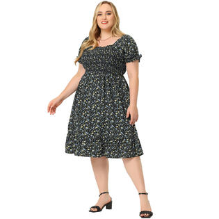 Unique Bargains Women's Plus Size Dress Flared Flowy Smock Ruffle Sleeve Floral Dresses Black 2X Unique Bargains Women's Plus Size Dress Flared Flowy Smock Ruffle Sleeve Floral Dresses Black 2X