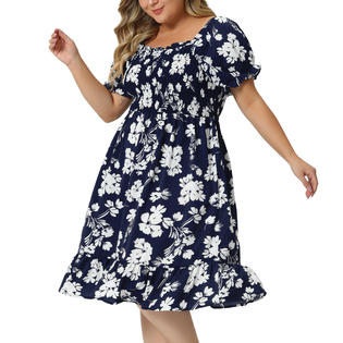 Unique Bargains Women's Plus Size Dress Flared Flowy Smock Ruffle Sleeves Floral Dresses Navy Blue 4X Unique Bargains Women's Plus Size Dress Flared Flowy Smock Ruffle Sleeves Floral Dresses Navy Blue 4X
