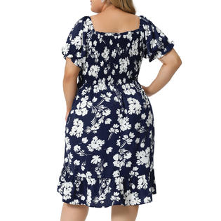 Unique Bargains Women's Plus Size Dress Flared Flowy Smock Ruffle Sleeves Floral Dresses Navy Blue 4X Unique Bargains Women's Plus Size Dress Flared Flowy Smock Ruffle Sleeves Floral Dresses Navy Blue 4X