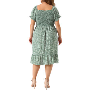 Unique Bargains Women's Plus Size Dress Flared Flowy Smock Ruffle Sleeves Floral Dresses Green 2X Unique Bargains Women's Plus Size Dress Flared Flowy Smock Ruffle Sleeves Floral Dresses Green 2X