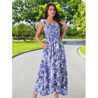 Unique Bargains Women's Summer Boho Smocked Beach Dresses Square Neck Ruffle Cap Sleeve Floral Flowy Tiered Maxi Sundress Dark Blue S Unique Bargains Women's Summer Boho Smocked Beach Dresses Square Neck Ruffle Cap Sleeve Floral Flowy Tiered Maxi Sundress Dark Blue S