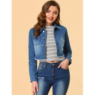 Unique Bargains Allegra K Women's Jean Frayed Washed Cropped Denim Jacket Dark Blue M