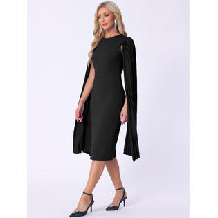 Unique Bargains Cocktail Evening Dress for Women's Pleated Cloak Long Sleeve Cape Pencil Dress Black S Unique Bargains Cocktail Evening Dress for Women's Pleated Cloak Long Sleeve Cape Pencil Dress Black S