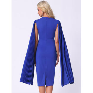 Unique Bargains Cocktail Evening Dress for Women's Pleated Cloak Long Sleeve Cape Pencil Dress Blue XS Unique Bargains Cocktail Evening Dress for Women's Pleated Cloak Long Sleeve Cape Pencil Dress Blue XS