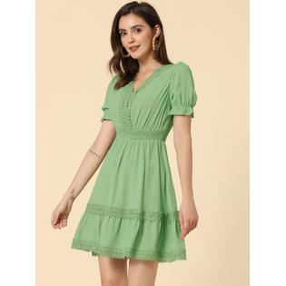 Unique Bargains Women's V Neck Smocked Elastic Waist Short Sleeve Solid Mini Dresses Light Green M Unique Bargains Women's V Neck Smocked Elastic Waist Short Sleeve Solid Mini Dresses Light Green M
