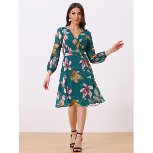 Unique Bargains Women's Boho Floral V Neck Bishop Long Sleeve Beach Below the Knee Wrap Dress Unique Bargains Women's Boho Floral V Neck Bishop Long Sleeve Beach Below the Knee Wrap Dress