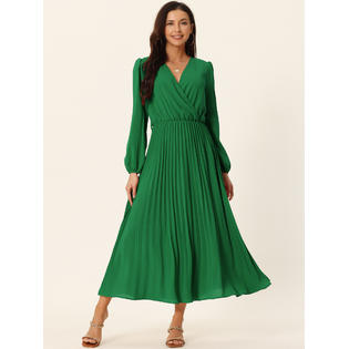Unique Bargains Women's 2023 Spring Fall Long Puff Sleeve Wrap V Neck Flowy Ruffle Pleated Midi Dress with Belt Dark Green XL Unique Bargains Women's 2023 Spring Fall Long Puff Sleeve Wrap V Neck Flowy Ruffle Pleated Midi Dress with Belt Dark Green XL