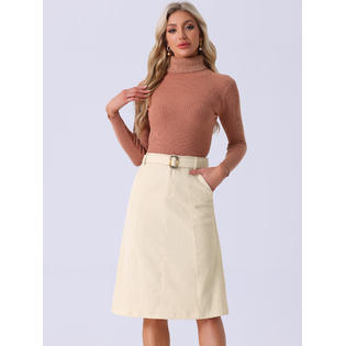 Unique Bargains Women's High Waist Elastic Back A-Line Belted Corduroy Midi Skirt with Pockets Beige M Unique Bargains Women's High Waist Elastic Back A-Line Belted Corduroy Midi Skirt with Pockets Beige M