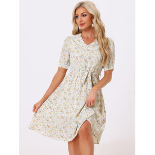 Unique Bargains Women's Floral Peter Pan Collar Hgih Waist A-line Flowy Chiffon Midi Dress Light Yellow XL Unique Bargains Women's Floral Peter Pan Collar Hgih Waist A-line Flowy Chiffon Midi Dress Light Yellow XL