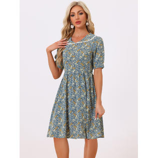 Unique Bargains Women's Floral Peter Pan Collar Hgih Waist A-line Flowy Chiffon Midi Dress Grey Blue M Unique Bargains Women's Floral Peter Pan Collar Hgih Waist A-line Flowy Chiffon Midi Dress Grey Blue M