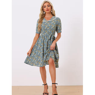 Unique Bargains Women's Floral Peter Pan Collar Hgih Waist A-line Flowy Chiffon Midi Dress Grey Blue M Unique Bargains Women's Floral Peter Pan Collar Hgih Waist A-line Flowy Chiffon Midi Dress Grey Blue M