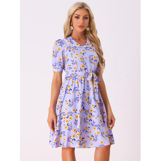 Unique Bargains Women's Floral Peter Pan Collar Hgih Waist A-line Flowy Chiffon Midi Dress Purple Unique Bargains Women's Floral Peter Pan Collar Hgih Waist A-line Flowy Chiffon Midi Dress Purple