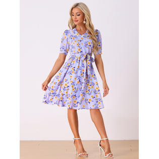 Unique Bargains Women's Floral Peter Pan Collar Hgih Waist A-line Flowy Chiffon Midi Dress Purple Unique Bargains Women's Floral Peter Pan Collar Hgih Waist A-line Flowy Chiffon Midi Dress Purple