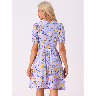Unique Bargains Women's Floral Peter Pan Collar Hgih Waist A-line Flowy Chiffon Midi Dress Purple XS Unique Bargains Women's Floral Peter Pan Collar Hgih Waist A-line Flowy Chiffon Midi Dress Purple XS