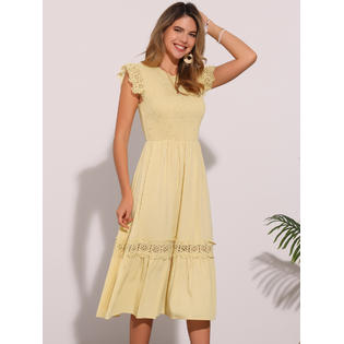 Inspire Chic Summer Boho Midi Dress for Women's Flutter Sleeve Lace Trim Smocked Ruffle Flowy Beach Dress XL Yellow Inspire Chic Summer Boho Midi Dress for Women's Flutter Sleeve Lace Trim Smocked Ruffle Flowy Beach Dress XL Yellow