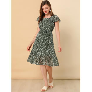 Unique Bargains Allegra K Women's Boho Flutter Sleeves Belted Ruffled Hem Dress Black XL Unique Bargains Allegra K Women's Boho Flutter Sleeves Belted Ruffled Hem Dress Black XL