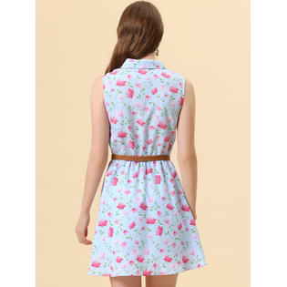 Unique Bargains Women's Printed Half Placket Above Knee Sleeveless Belted Dress Light Blue-Pink Floral S Unique Bargains Women's Printed Half Placket Above Knee Sleeveless Belted Dress Light Blue-Pink Floral S
