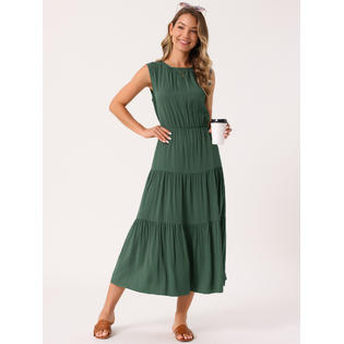 Unique Bargains Women's Summer Dresses Sleeveless Crewneck Sundress Tiered Casual Flowy Midi Dress with Pockets Army Unique Bargains Women's Summer Dresses Sleeveless Crewneck Sundress Tiered Casual Flowy Midi Dress with Pockets Army