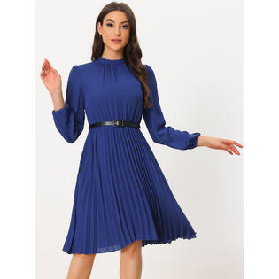 Unique Bargains Women's Work Shirt Dress Long Sleeve Pleated Midi Dress Royal Blue L Unique Bargains Women's Work Shirt Dress Long Sleeve Pleated Midi Dress Royal Blue L