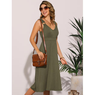 Unique Bargains Women's Summer V Neck Wide Strap Sleeveless A-Line Casual Midi Dress Army Green S Unique Bargains Women's Summer V Neck Wide Strap Sleeveless A-Line Casual Midi Dress Army Green S