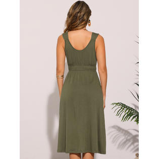 Unique Bargains Women's Summer V Neck Wide Strap Sleeveless A-Line Casual Midi Dress Army Green Unique Bargains Women's Summer V Neck Wide Strap Sleeveless A-Line Casual Midi Dress Army Green