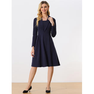 Unique Bargains Women's Elegant Office Dresses Square Neck Long Sleeve Pleated A-line Dress Dark Blue Unique Bargains Women's Elegant Office Dresses Square Neck Long Sleeve Pleated A-line Dress Dark Blue