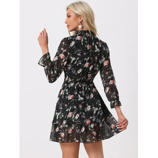 Unique Bargains Women's Floral Dress Chiffon Mock Neck Layered Sheer Smock Waist Mini Dresses Black XL Unique Bargains Women's Floral Dress Chiffon Mock Neck Layered Sheer Smock Waist Mini Dresses Black XL