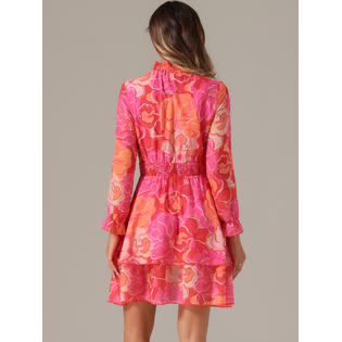 Unique Bargains Women's Floral Dress Chiffon Mock Neck Layered Sheer Smock Waist Mini Dresses Hot Pink Unique Bargains Women's Floral Dress Chiffon Mock Neck Layered Sheer Smock Waist Mini Dresses Hot Pink