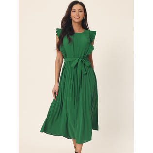 Unique Bargains Women's Casual Midi Dress Ruffle Sleeveless Crewneck Pleated Flowy Belted Dresses Green S Unique Bargains Women's Casual Midi Dress Ruffle Sleeveless Crewneck Pleated Flowy Belted Dresses Green S