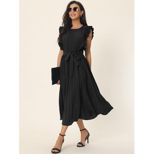Unique Bargains Women's Casual Midi Dress Ruffle Sleeveless Crewneck Pleated Flowy Belted Dresses Black S Unique Bargains Women's Casual Midi Dress Ruffle Sleeveless Crewneck Pleated Flowy Belted Dresses Black S