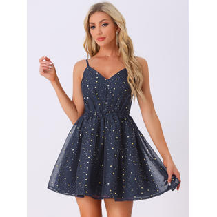 Unique Bargains Party Metallic Stars Mini Dresses for Women's Spaghetti Strap Organza Fit and Flare Dress Dark Blue S Unique Bargains Party Metallic Stars Mini Dresses for Women's Spaghetti Strap Organza Fit and Flare Dress Dark Blue S