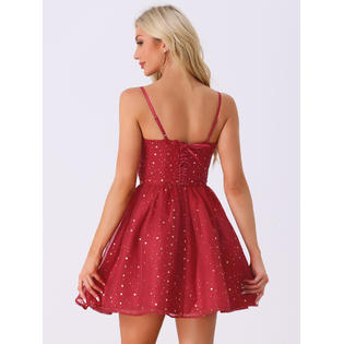 Inspire Chic Party Metallic Stars Mini Dresses for Women's Spaghetti Strap Organza Fit and Flare Dress S Burgundy, Size: Small, Red Inspire Chic Party Metallic Stars Mini Dresses for Women's Spaghetti Strap Organza Fit and Flare Dress S Burgundy, Size: Small, Red