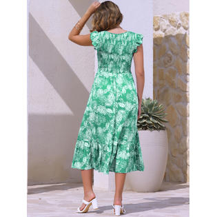 Unique Bargains Summer Printed Dress for Women's V Neck Elastic Waist Ruffle Cap Sleeveless A-Line Beach Midi Dresses Green M Unique Bargains Summer Printed Dress for Women's V Neck Elastic Waist Ruffle Cap Sleeveless A-Line Beach Midi Dresses Green M