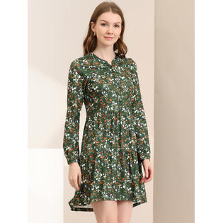 Unique Bargains Women's Floral V Neck Cinched Waist Long Sleeve Casual Dress Dark Green M Unique Bargains Women's Floral V Neck Cinched Waist Long Sleeve Casual Dress Dark Green M