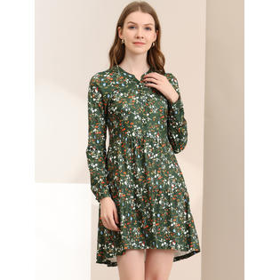 Unique Bargains Women's Floral V Neck Cinched Waist Long Sleeve Casual Dress Dark Green M Unique Bargains Women's Floral V Neck Cinched Waist Long Sleeve Casual Dress Dark Green M