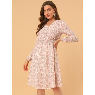 Unique Bargains Women's Floral Print Flowy V-Neck Midi Dress White-Red Floral S Unique Bargains Women's Floral Print Flowy V-Neck Midi Dress White-Red Floral S